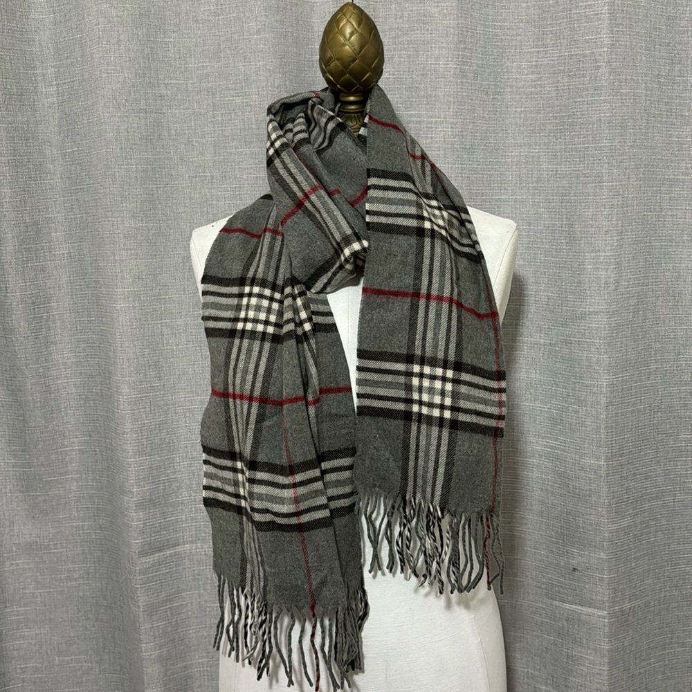 Fraas brand Gray/Black/Red Plaid Scarf-64x11-EUC